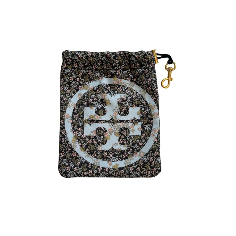 Tory Burch Black Floral Ditsy Print Pouch Logo Drawstring Bag with Gold Clasp